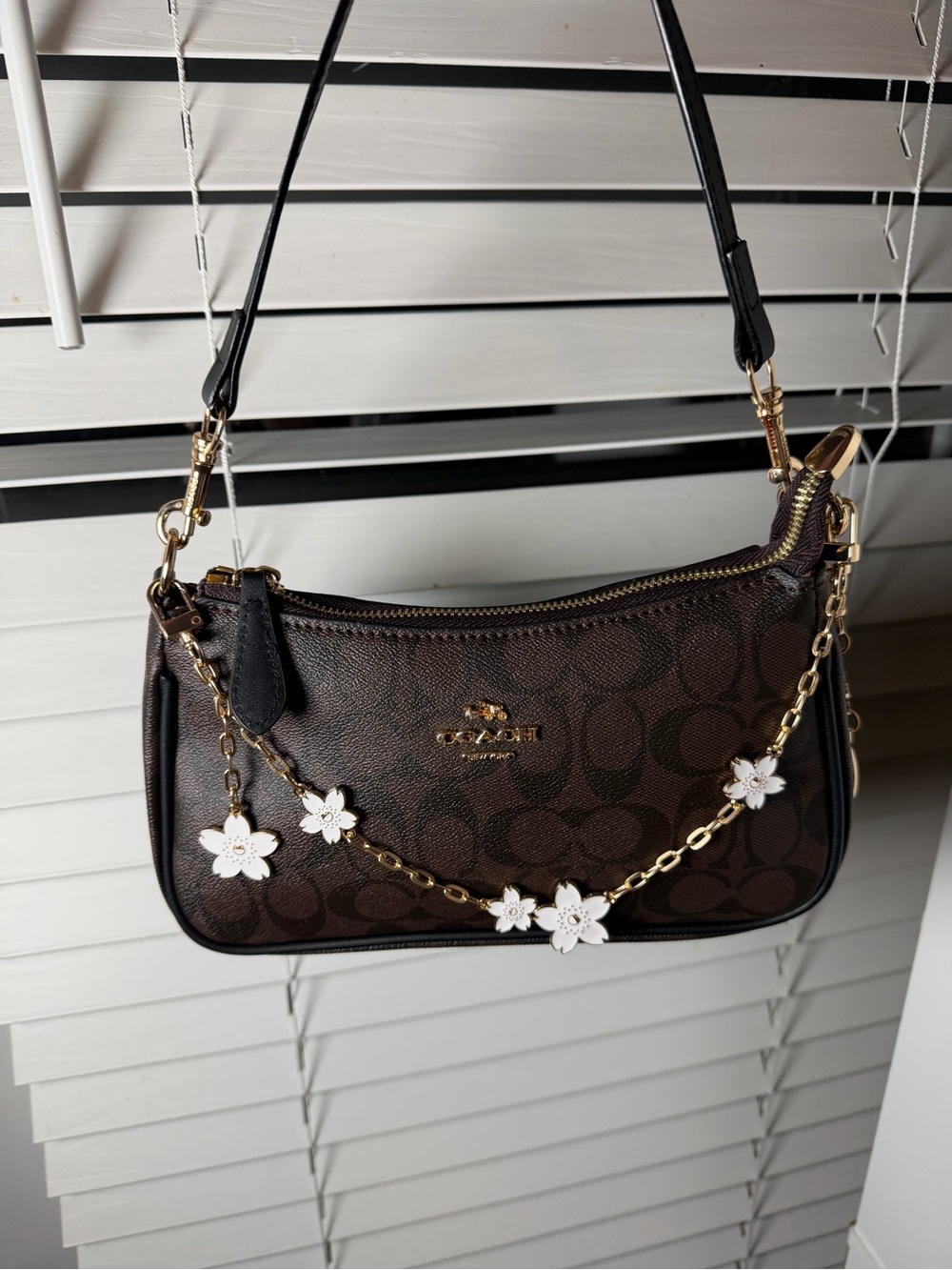 Coach Brown Signature Mini Shoulder Bag with White Floral Charm Chain